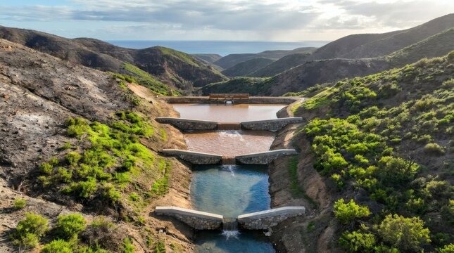 Terraced water reservoirs cascade down a green hillside towards the ocean
