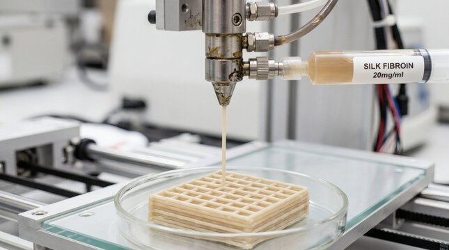 Bioprinter creating a lattice structure with silk fibroin solution in laboratory