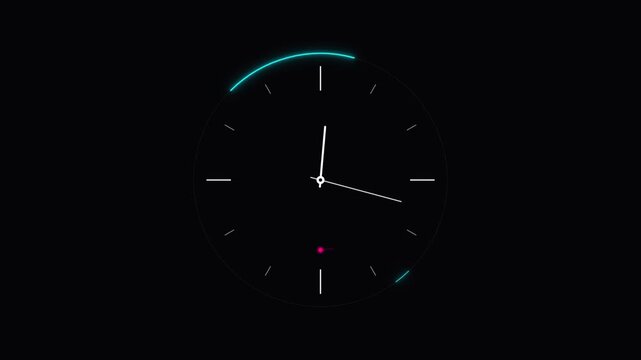 Modern futuristic glowing neon clock animation with countdown timer on black background
