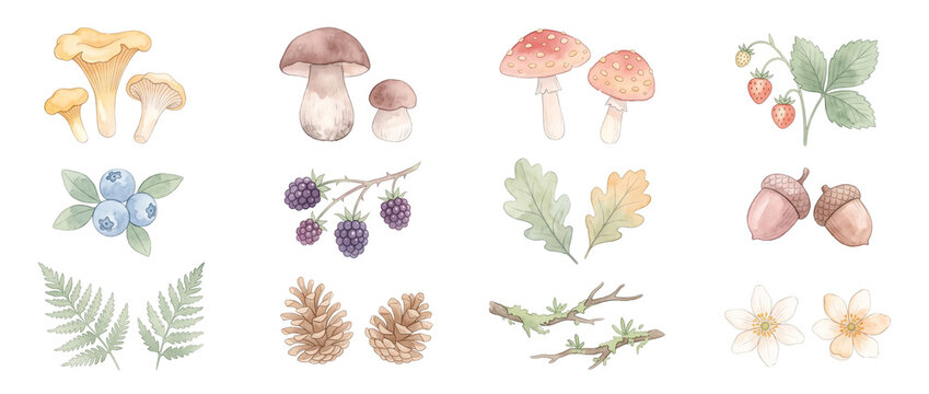 Watercolor forest mushrooms berries botanical set isolated on black background. Woodland flora clip art featuring chanterelles, porcini, acorns, pinecones, leaves, and wild flowers. Autumn nature desi