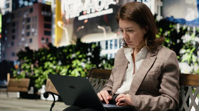 Delighted woman sits on park bench with laptop and claps hands