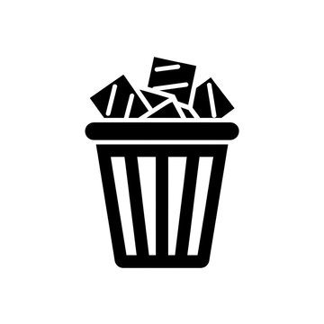 Black trash bin icon with garbage inside