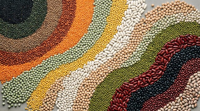 Assorted Organic Lentils and Legumes Arranged in Colorful Wavy Rows