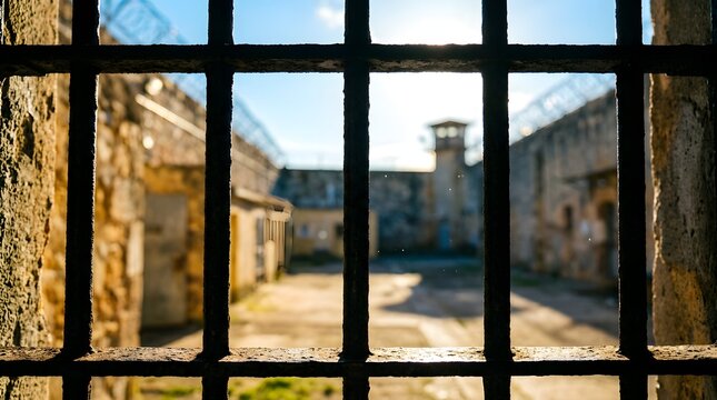 Close up silhouetted thick steel bars looking out to a sunny prison courtyard and watchtower.