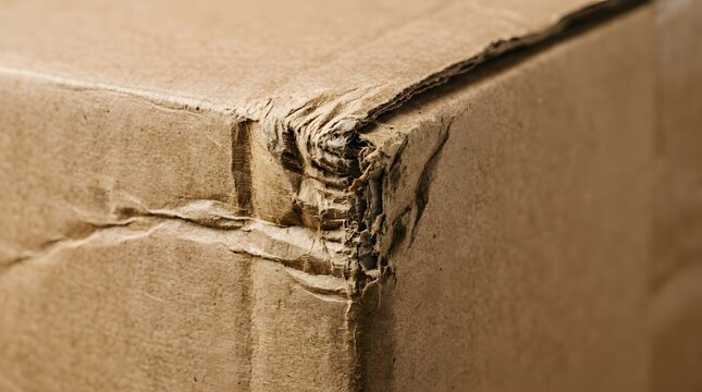 Dented cardboard box corner showing damaged structural paperboard folds and worn texture