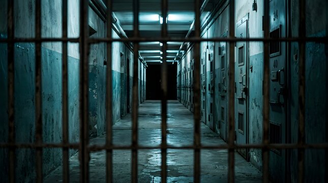 Dark and eerie prison corridor viewed through foreground iron bars with cold blue lighting.