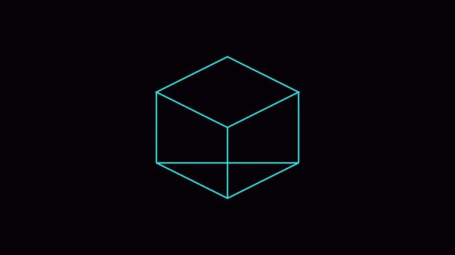 Minimalist neon cube wireframe animation, glowing geometric shape rotating on 4k black background