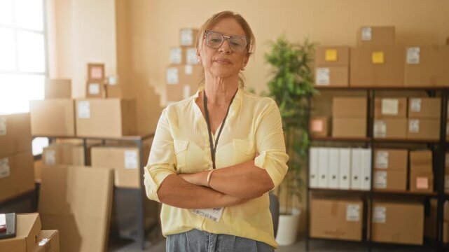 Woman with stacked cardboard packages, arms crossed, wearing glasses and id badge in a small business building shipping area; confidence entrepreneurial resilience.
