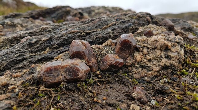 Natural raw zircon crystals embedded in dark rock matrix outdoors close up. Concept of mineral, raw mineral, gemstone, natural stone, mineralogy, geology.