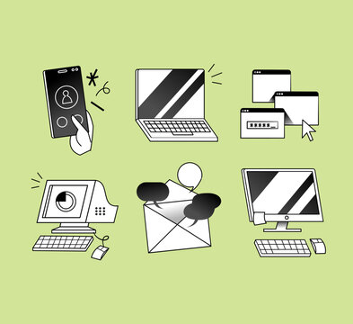 Technology Computer Vector Spot Illustration Icon Set cybersecurity laptop password data email Black and white