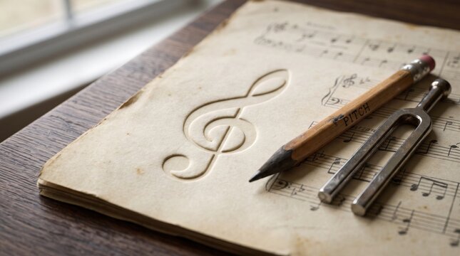 Vintage sheet music with treble clef symbol pencil and metal tuning fork on wooden table. Concept of musical, score, music score. Copy space.