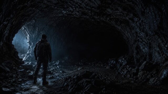 Explorer standing inside dark mysterious cave looking into deep shadows facing entrance light. Concept of myrkr, cave exploration, darkness, mystery, cavern, underground, adventurer, lone man.