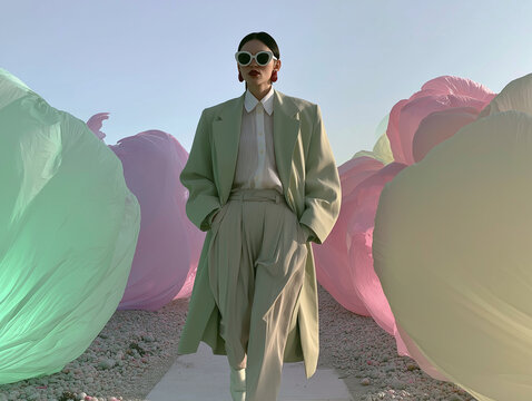 Woman in Sage Green Suit Exploring a Surreal Pastel Landscape