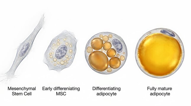 Diagram showing the stages of adipocyte differentiation from mesenchymal stem cell
