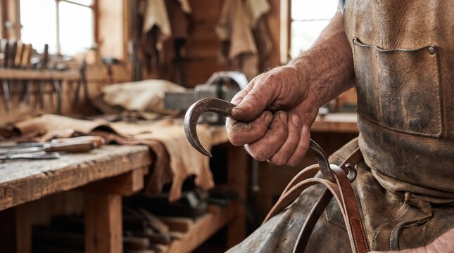 Craftsman holding hand forged metal hook tool working in traditional leather craft workshop close up. Concept of leathercraft, artisan.