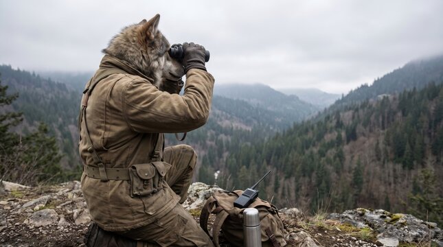 Anthropomorphic wolf hunter looking through binoculars in mountain valley wilderness. Concept of surreal. Copy space.