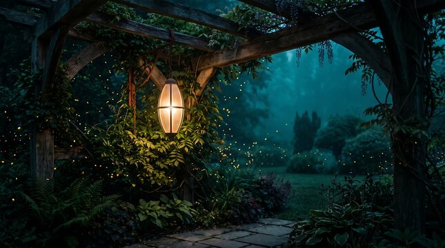 Mystical moonlit garden scene with lantern and pergola covered in vines