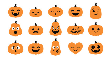 Naklejka premium Set of cute orange halloween pumpkins with funny faces and various expressions for holiday design