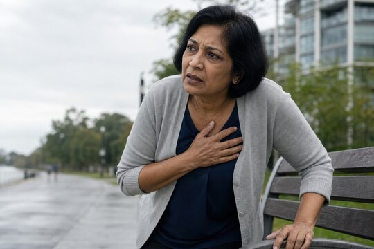 Middle-aged woman with chest pain sitting on a park bench outdoors