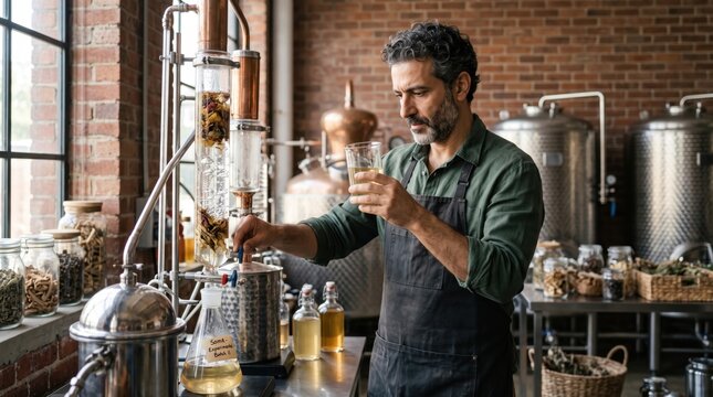 Distiller inspecting craft alcohol gin infusion process using copper alembic equipment in artisan micro distillery. Concept of craft spirit, gin distilling, alembic still.