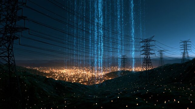 high voltage power grid connecting distant cities across mountain ranges
