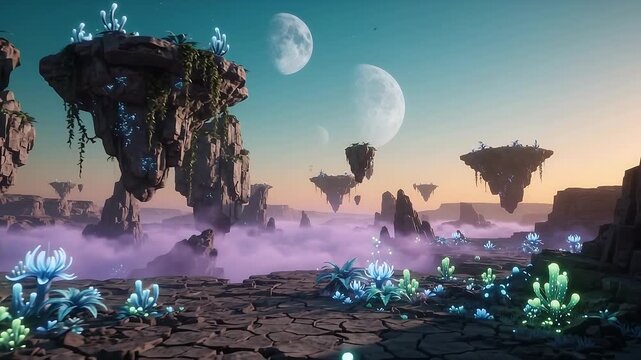 Magical Fantasy Alien World with Floating Islands, Glowing Flora, and Two Moons at Sunset