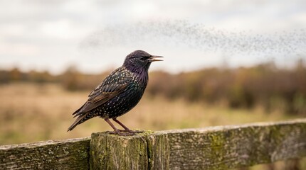 Fototapeta premium Common starling perched on wooden fence post with open beak and flock flying in background. Concept of bird, wildlife. Copy space.