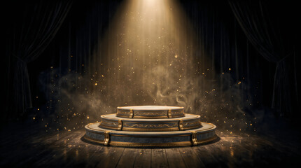 Obraz premium Empty stage with illuminated display podium and golden spotlight in dark theater setting
