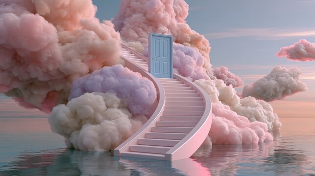 surreal white staircase leading to a closed door among pastel clouds