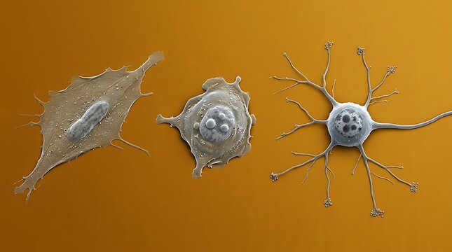 Different types of cultured cells under scanning electron microscope with microscope