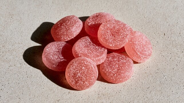 pile of pink cannabis gummies on raw concrete background