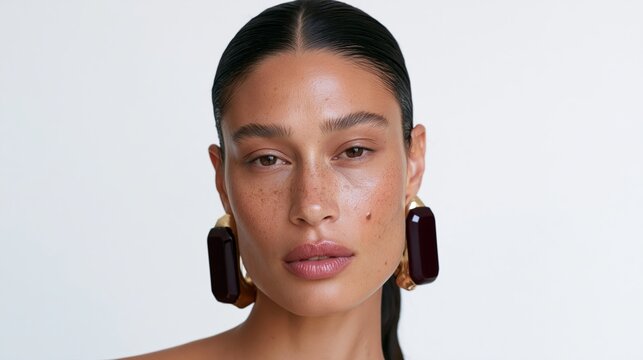 natural beauty portrait of woman wearing statement gold earrings