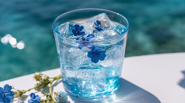 sparkling blue soda with edible flowers overlooking the okinawan ocean
