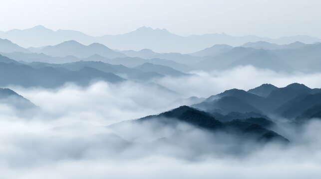ethereal chinese ink wash mountains fading into mist