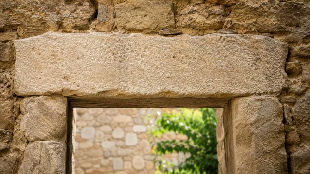 Ancient stone lintel architectural detail above entrance in old rock wall masonry structure. Concept of stone doorway, ancient architecture, stone beam, historic building, doorway. Copy space.