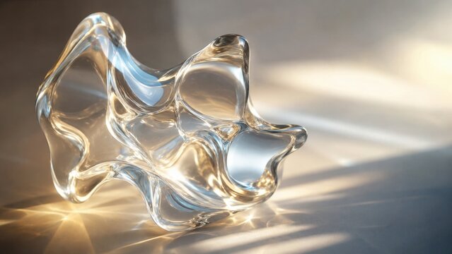 Abstract lucent glass sculpture with fluid smooth organic shapes and glowing sunlight caustics background. Concept of abstract art, modern sculpture, transparent, light reflection, glass art.