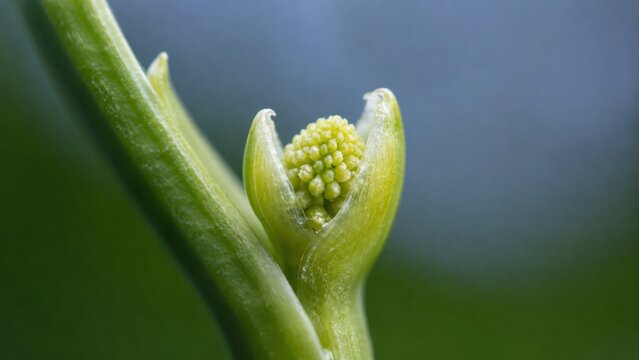 Extreme Macro Close Up Shot of Young Plant Bud Meristem Growing in Spring Nature. Concept of growth, new life, sprout, green. Copy space.