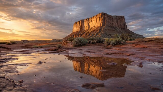 Sunset reflecting a towering rock mesa in the desert landscape during a dramatic golden hour. Concept of reflection, rock formation, plateau, water reflection, utah, arizona, canyonlands.