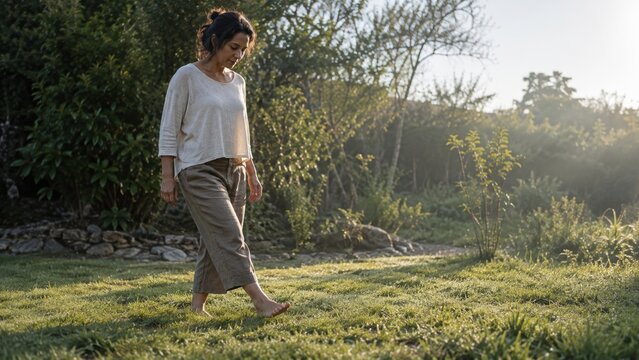 Peaceful woman walking barefoot on green grass during morning health routine outdoors. Concept of mindful, mindful walking, earthing, grounding, outdoor wellness. Copy space.