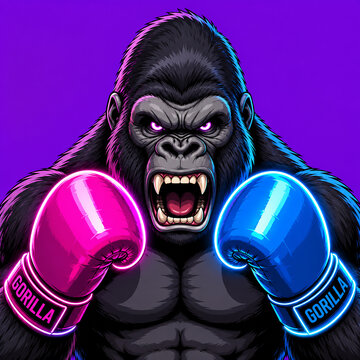 A portrait of an aggressive gorilla in the image of a boxer wearing gloves, in neon colors, against a solid background.