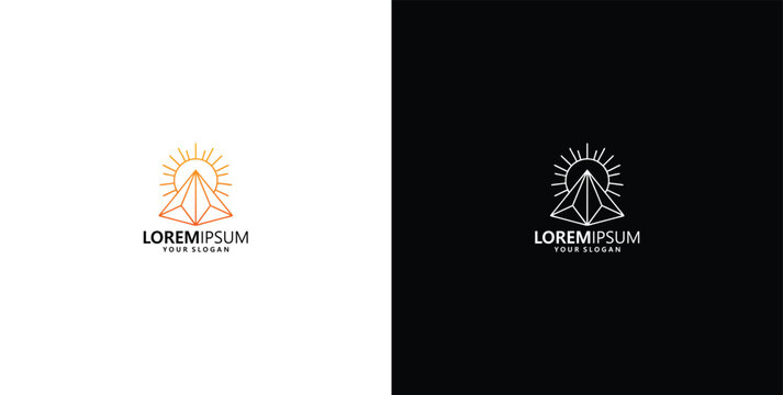 Abstract geometric mountain peak with sun rays rising behind, presented as a versatile logo design concept for various brands