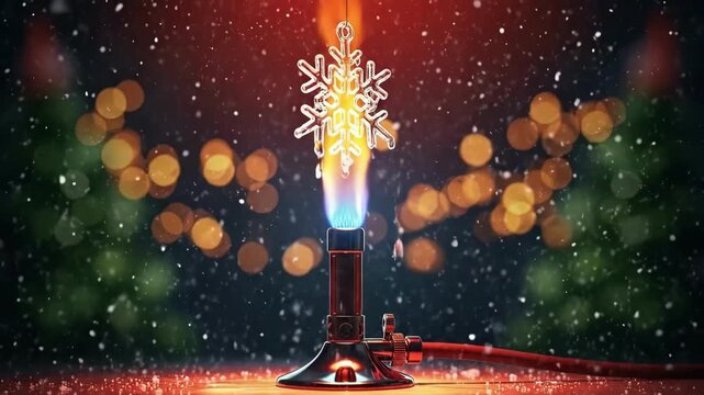Bunsen burner melting snowflake ornament. Science experiment to demonstrate phase change. Chemistry concept for education during Christmas.