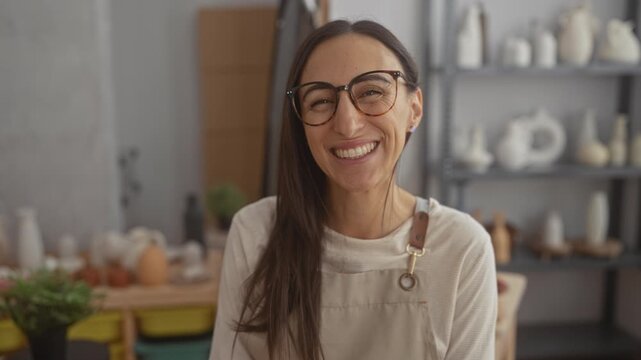 Woman smiling broadly, wearing apron and glasses among ceramic vases and bowls on shelves in a studio; joyful creativity.