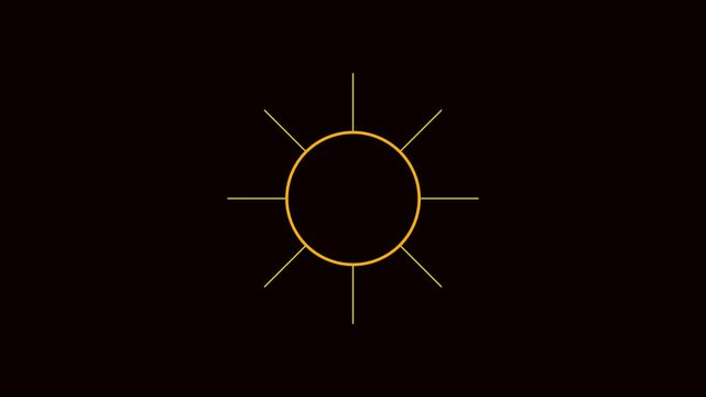 Minimalist sun animation gold line on 4k black background, line weather