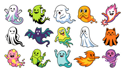 Naklejka premium Colorful cute ghost characters halloween vector bundle for festive holiday designs