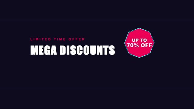 Limited time offer mega discounts up to 70% off animated sale banner for e-commerce marketing and retail promotions animation 4k