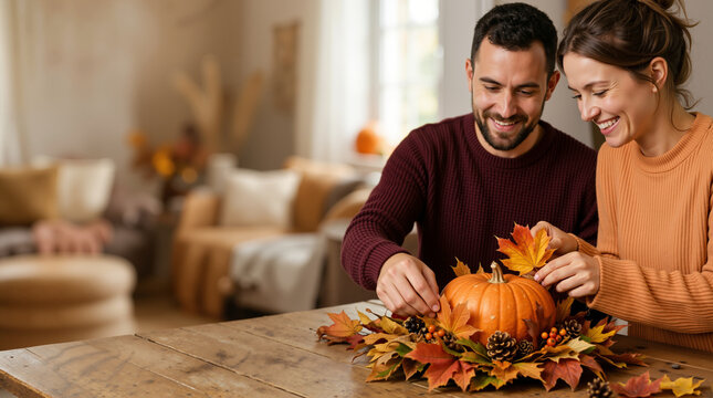 Smiling couple preparing autumn decoration with a pumpkin and fall leaves. Man and woman arranging a Thanksgiving centerpiece on a rustic wooden table at home. Copy space for text