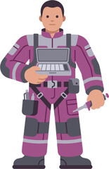 Fototapeta premium Male professional in a purple jumpsuit holding tools isolated cutout