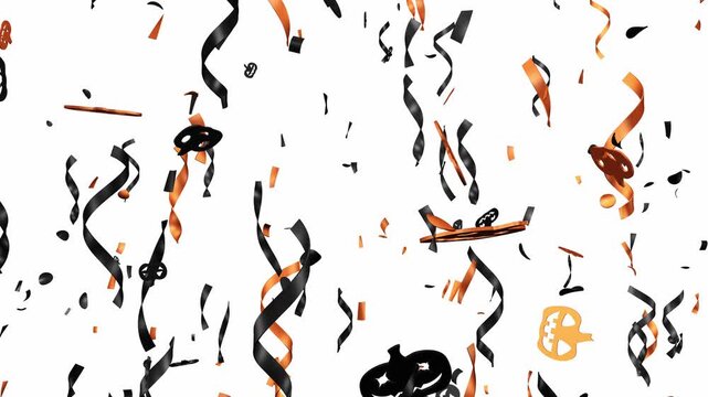 Halloween party confetti in shiny orange and black falling continuously. Ribbons, confetti, streamers, and pumpkin Jack o Lanterns fall celebrating a Happy Halloween. 3d render with alpha channel.