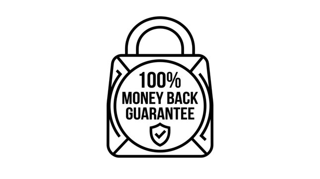 Minimalist vector illustration featuring bold black lines forming a security padlock icon with professional money back guarantee text inside